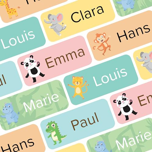 Wraplab Namensaufkleber für Kinder (120 Stück) - Gegenstände & Schule/Kita - Namensschilder für Schulsachen, personalisiert und spülmaschinenfest (Dschungeltiere)