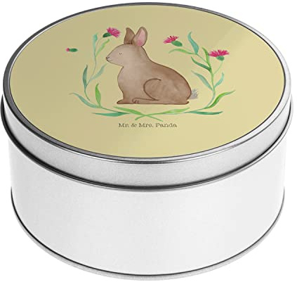 Mr. & Mrs. Panda Blechdose rund Hase Sitzen - Ostergeschenke, Osterdeko, Geschenk, Geschenkbox, Metallkiste, Osterhase, Osterblume, Osterdeko,
