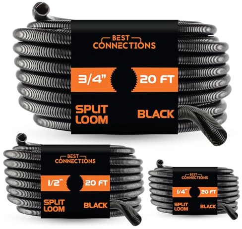 BEST CONNECTIONS Split Wire Loom Flex-Guard Convoluted Tubing Protective Split Cable Sleeves for Auto Home Industrial Electrical Wires Chemical Resistant Conduit Black (1/4, 1/2, 3/4 - 20 ft)