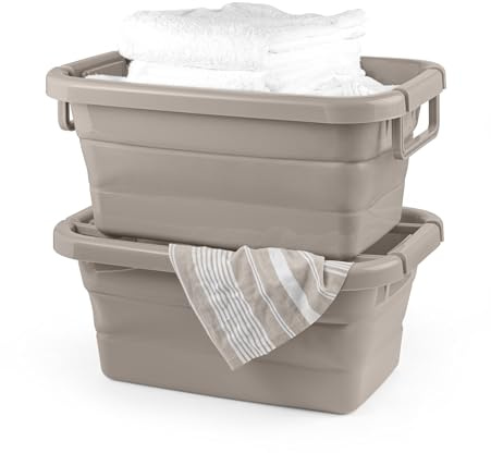 Salter LASAL28763FEU7 Stapelbarer Wäschekorb – Klappbarer Wäschekorb, klappbarer Aufbewahrungsbehälter, Organizer-Wanne, Tragegriffe, platzsparend, Lock & Stack-Funktion, Warm Harmony, 36L, Creme/Grau