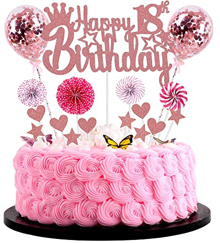 Happy 18th Birthday Cake Topper - Hello 18 Rose Gold Decoration for Girl and Boy - Glitter 18 Years Old Cake Decoration