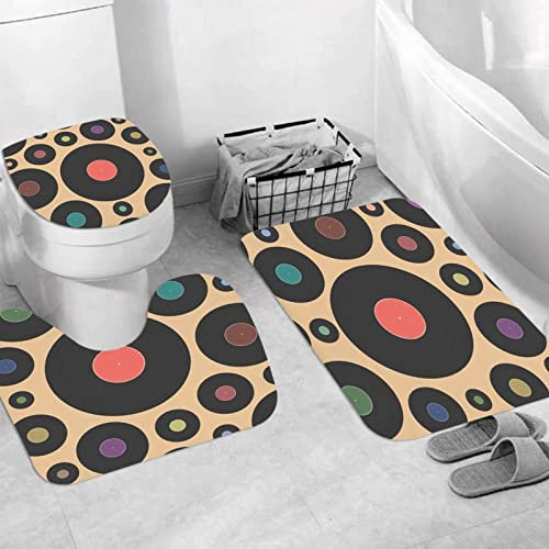 Badteppich 3 Stück Weiche saugfähige Badematten,Bunte Musik Dj Vinyl Retro Disk Vintage Phonograph Pattern Record Acoustic Album,Rutschfeste Badematte Teppiche & Toilettendeckelabdeckung Set Waschbar