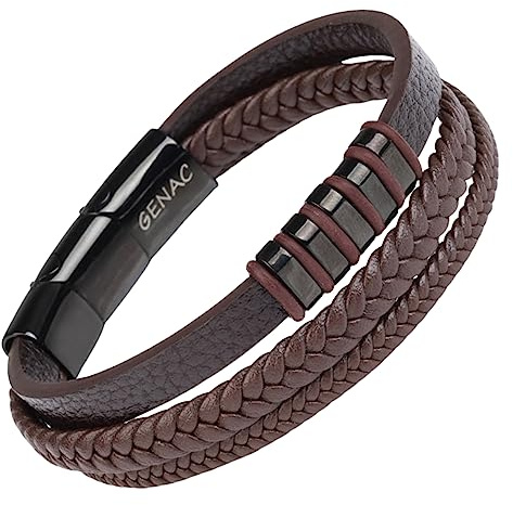 genac - Pulsera para hombre de piel auténtica y acero inoxidable con cierre magnético extraíble para ajustar fácilmente la longitud de la joya perfecta para un regalo (marrón)