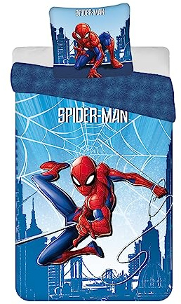 Parure de Lit Spiderman Bleue Réversible et 100% Coton, Housse de Couette 140x200 cm + Taie d'oreiller 65x65 cm