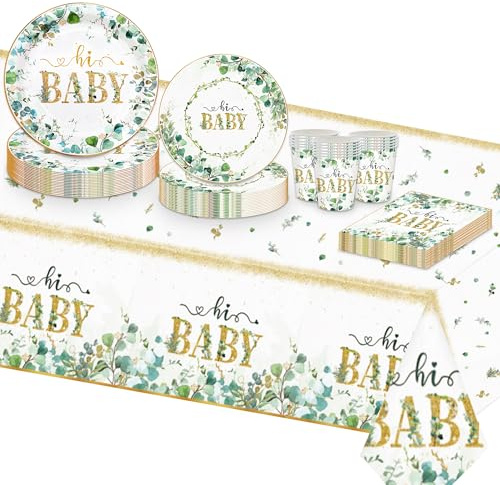 TOPWAYS Sage Green Baby Party Decorations - Boy & Girl Baby Shower Paper Plates, Cups, Napkins, Tablecloth & Tableware Set for 16 Guests