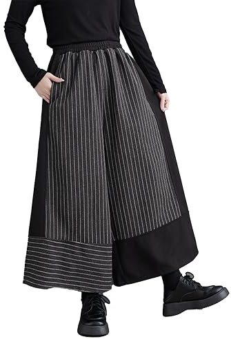 ellazhu Pantalon Sarouel à Taille élastique pour Femmes avec Jambes Larges, Rayures et Patchwork uni GZ141