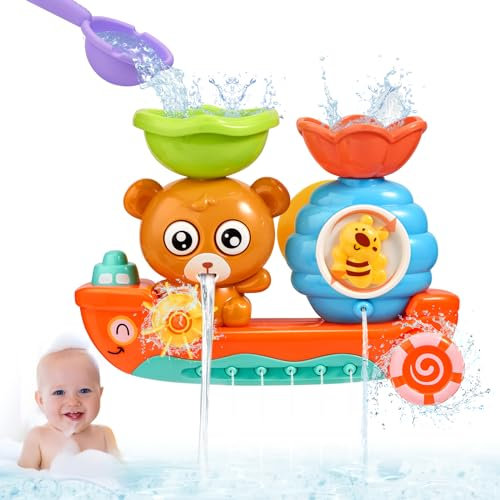 Badewannenspielzeug ab 1 2 3 4 Jahre,Badetiere Badewannen Spielzeug ab 3 4 Jahr,Badespielzeug ab 6-18 Monate,Bär und Bee Wasserspielzeug Kinder mit Tasse,Kinder Badespaß Geschenk für Jungen Mädchen