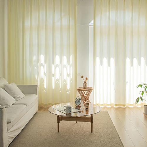 Whoiy Hellgelb Voile Vorhänge mit Ösen 2 Stück, Fenster Gardiene Vorhang Polyester Durchsichtig Moderne Einfarbig Wohnzimmer Ösenvorhang, 138x107 cm(Höhe x Breite)