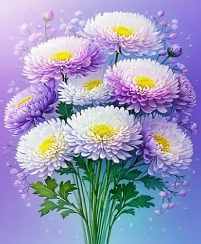 Xpdnmilq ein Strauß Chrysanthemen kreuzstich Set DIY Vorgedruckt Stickpackung Starter Handwerk 11CTErwachsene HeimdekorationKit 40x50cm