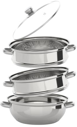 Garbenat 3 Tier Stainless Steel Steamer 28CM Steamer Pan, Steamer Cooker Pot with Glass Lid, Food Steamer for Dumpling Vegetable Steam Pot Professional Steamer Cooking for Induction, Gas Stove