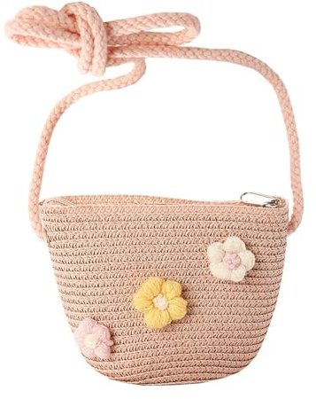 EPCDBBRT 1 Piece Mini Woven Straw Bag, Girl's Shoulder/Crossbody Bag, Pink, 12*14cm, 100cm Rope, Suitable for Daily Use, Travel, Beach, Kids