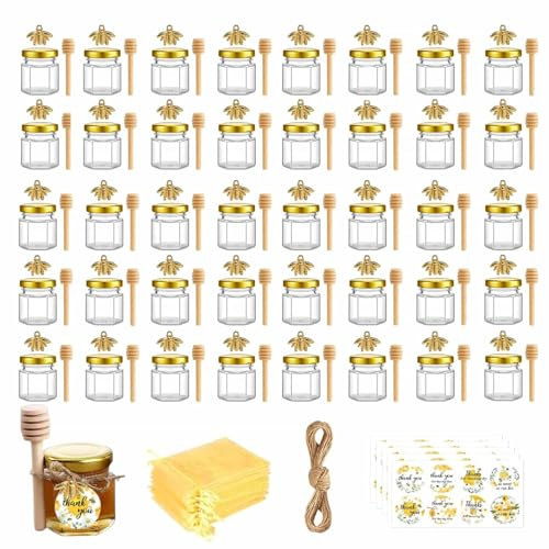 DYUEE Mini Glass Honey jars 1.5 oz Hexagonal Mini Honey Jar with Honey Spoon Gold Lids Gold Bee Pendants Jutes Bee Stickers gift bags, for Party Favours Weddings Baby Showers Wedding Favours (20)