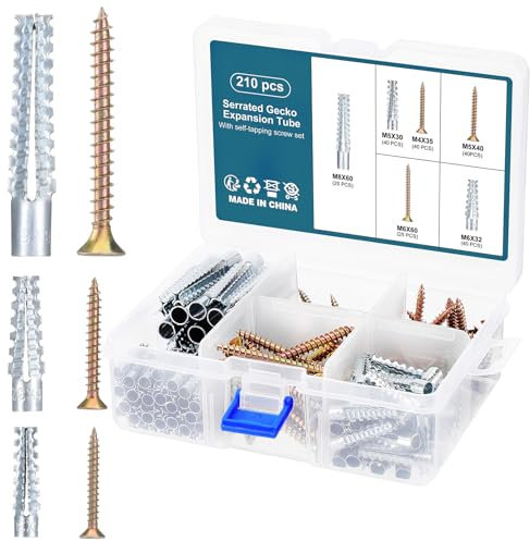 HSEAMALL 210 PCS Concrete Metal Anchors and Galvanized Screws, Metal Expansion Anchor and Screw Set,Serrated Gecko Expansion Bolt Wall Plug Brick Anchor Bolts