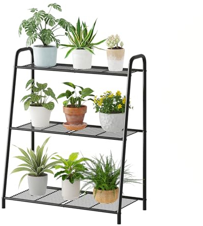 Kitsanery Metall-Pflanzenständer für drinnen und draußen, für mehrere Pflanzen, 3-stöckiges Pflanzenregal, groß, robust, Blumenhalter, Leiter für Wohnzimmer, Terrasse, Balkon (schwarz)
