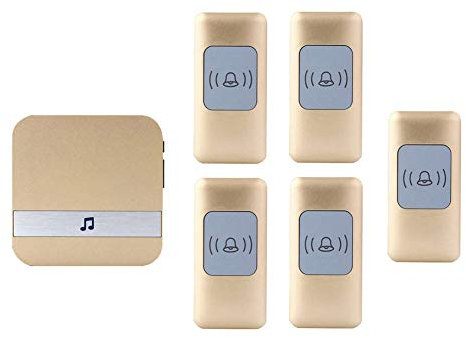 WOTZOV Wireless Waterproof Doorbell, Universal Smart Door Chime 300M Operating Range Door Chime,5 Push Button+1 Receivers,52 Ringtones,4 Volume Levels,Gold,Gold