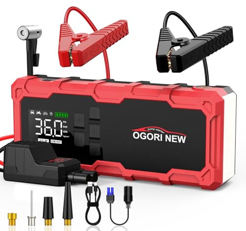 OGORI NEW Arrancador de Coche 7000A,Arrancador de Baterias para Coche 12V con Compresor Aire Portatil(para 10L de Gasolina o 8L de Diésel),Jump Starter con Pinzas de Seguridad Inteligentes/luz LED