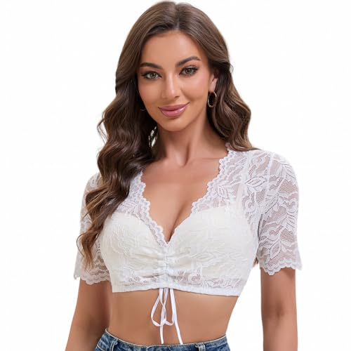 Goxozzy Dirndl-blus dam, dirndlblus spets, Oktoberfest blus dam, smal passform och korta ärmar för en festlig look, Vit, 44
