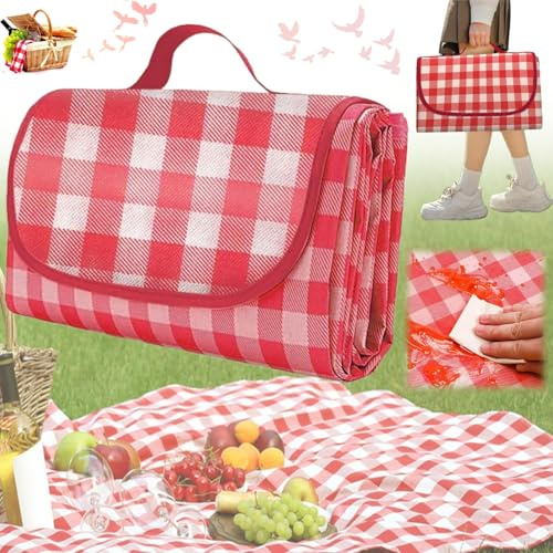 Liekadijiae Couverture Pique Nique 200 * 200CM, Grande Picnic Blanket | Nappe Pique Nique,Natte de Plage, Couverture de Pique-Nique Étanche, Couverture de Pique-Nique Pliable avec Poignée(Rouge)