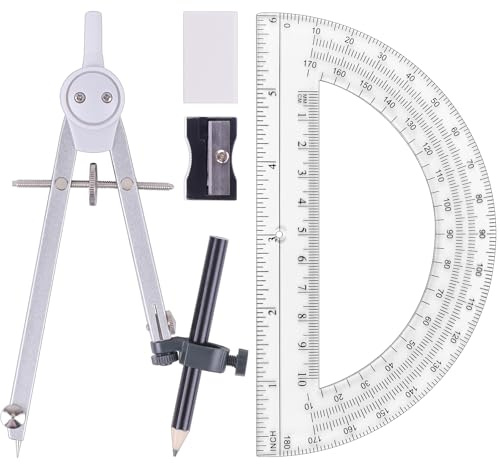 UNJOO Professional Compass for Geometry Set, Metal Compass with Wheel and Lock for Geometry, Drawing Compass Tool, Circle Drafting Tool, and 6 Inch Math Protractors 180 Degree (Silver)