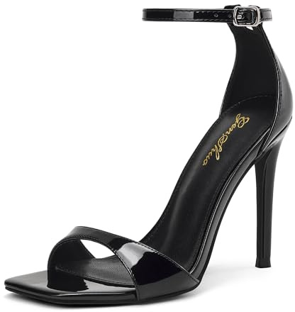 GENSHUO Escarpins à talons hauts pour femme, bride unique, bout ouvert, talon aiguille de 10 cm, élégants pour mariage et soirée， Vernis noir， 38.5 EU