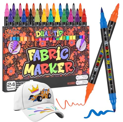 TOVIKI 24 Doppelspitze Textilmalstifte waschmaschinenfest & permanent - Ungiftig - Für Stofftaschen, T-Shirts & Textilien - Stoffmalstifte für Kinder und Erwachsene