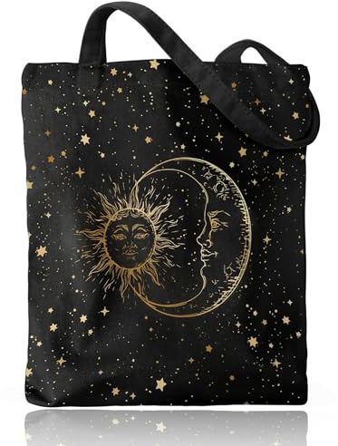 Yoljun Tote Bag Schwarz Stern Mond Motiv, Canvas Stofftasche Damen, Baumwolltasche Beutel, Geschenke Tasche Geschenk für Arbeit Reisen