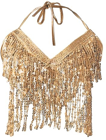Generisch Karneval Kostüm Damen Glitzer Rock Glitzernde Pailletten Fransen Fransenrock Oberteil Set Bauchtanz Rave Outfit Sequin Glitzerrock Fransenkleid Sexy Showgirl Party Halloween, Gold