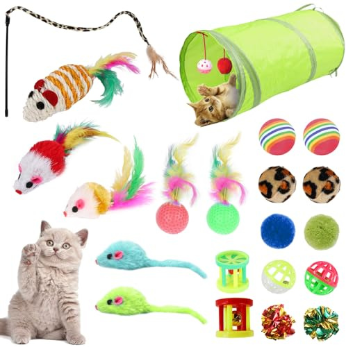Yuqilin 21 Stück Katzenspielzeug Set Farbenfroh Cat Toys mit Katzentunnel | Katzen Angel Plüsch-Pompon Kitten Spielzeug für Katzen Spielzeug Katzenspielzeug Feder Katzenangel Cat Toys for Indoor Cats