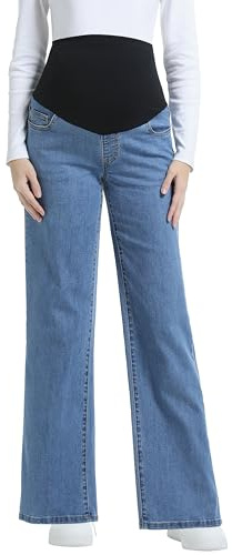 Foucome Jeans premaman da donna a gamba larga, elasticizzati, vestibilità larga, jeans in denim sopra la pancia, Azzurro, S