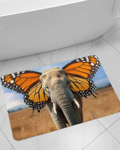 Funny Elephant Shower Mat Non Slip Bathtub Mat Elephant with Butterfly Ears Grassland Bath Mat Soft Loofah Shower Mats for Shower Tub Bathroom Quick Drying Foot Mat, 16x24 Inch