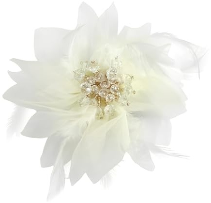 Broche de tela floral de gran tamaño, pin de solapa de cristal y plumas de 12 cm – Elegante corsage de flor de organza para invitados de boda, banquete y accesorio para ocasiones especiales, Grande