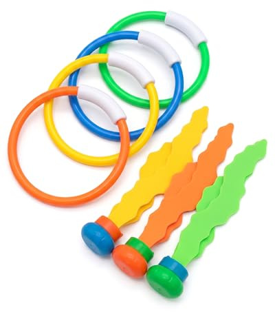 HAPZUR Anillos de Buceo y Juguetes Sumergibles: 4 Anillos y 3 Algas, Para Niños, Colores Vivos. Ideal para Aprender a Bucear y Juegos de Piscina en Verano.
