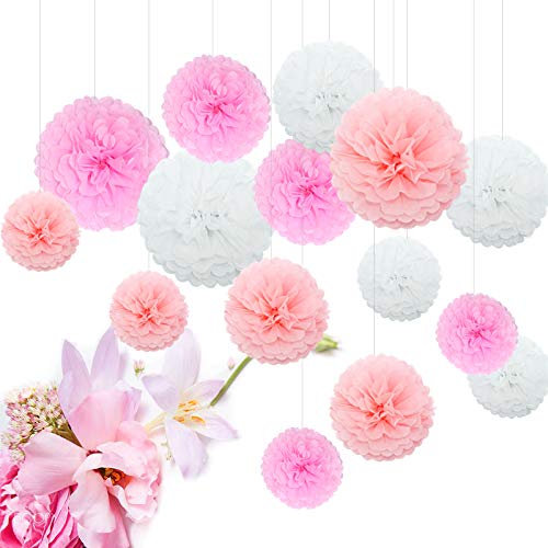 Himeland 15er Pompoms Pompons Papierblume Set für Hochzeit Babyparty Gartenparty Wedding als kinderzimmer Deko