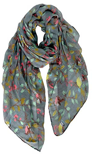 GERINLY Scarfs for Women Head Covering Fashion Floral Birds Print Cotton Headscarf Large Hair Wrap with Leaf Pattern (Dark Grey)