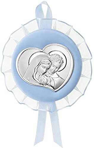 Valenti&Co - Medaglione Musicale Capoculla con Sacra Famiglia in Argento perfetto come idea regalo nascita, battesimo da appendere alla culla, al passeggino o in cameretta del neonato - Celeste
