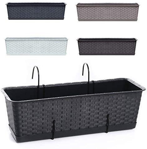 rg-vertrieb Blumenkasten Balkonkasten Blumentopf Rattan Optik Ratolla Case P mit Aufhängung zur Auswahl Untersetzer Geländerkasten 2 Größen (500 Umbra+Aufhängung)