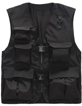 Daoba Chaleco para hombre y mujer con múltiples bolsillos para exteriores, camping, pesca, fotografía, chaleco casual para uso exterior, Negro, L