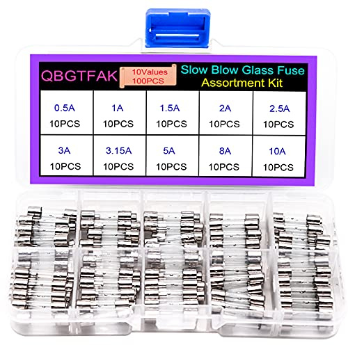 QBGTFAK 10 Values100pcs Slow Blow Glass Fuses Assorted Kit 5x20mm, 250V 0.5A, 1A, 1.5A, 2A, 2.5A, 3A, 3.15A, 5A, 8A, 10A, packag in a Clear Plastic Box