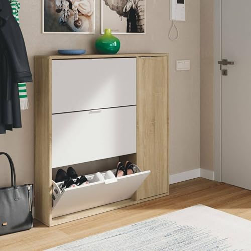 Dmora - Étagère à chaussures Provo, armoire à chaussures 4 portes, armoire basse polyvalente avec 5 étagères, étagère à chaussures moderne, 106x22h115 cm, chêne et blanc