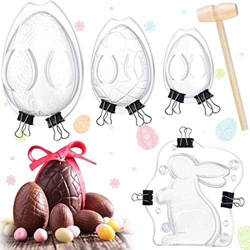 4 Pairs Easter Egg Mold Bunny Mould Large Size 3D Dinosaur Easter Egg Bunny Chocolate Cake Mould with 1 Wooden Hammer for Easter Candy Cookie Fondant Jelly Pudding Decorating Tool