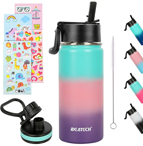 IDEATECH Wasserflasche für Kinder, Edelstahl-Wasserflasche, 450 ml, Sport-Wasserflasche, Kinder-Wasserflasche für Schule – 2 Deckel
