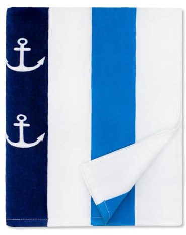 cabanana Large Beach Towel Oversized - Cotton Velour 35 x 70 Inch Anchor Striped Terry Pool Towel, Cabana Soft Swimming Towel for Adults Women Men (Navy Blue)