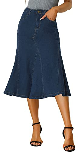 Allegra K Falda de Mezclilla Casual para Mujer Faldas Midi Acampanadas de Talle Alto Azul Oscuro L