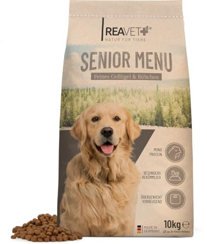 ReaVET Hundefutter Trocken - Senior Menü mit Geflügel 10kg I Hundetrockenfutter für ausgewachsene Hunde & Senioren Aller Rassen, Gesundes Trockenfutter Alter Hund, Kalorienarm, Hoher Fleischanteil