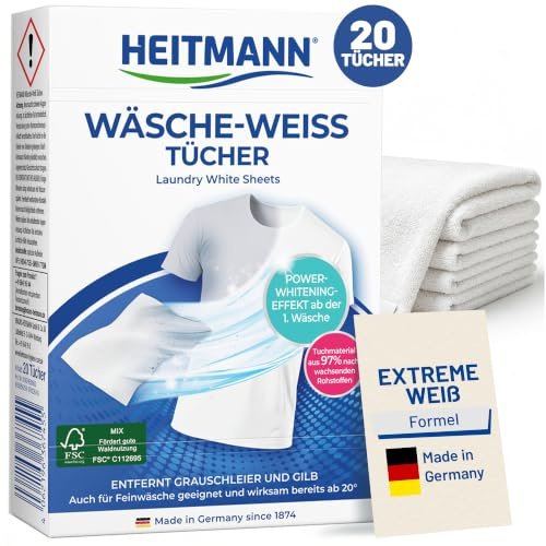 HEITMANN Wäsche Weiss Tücher, für ein extrem kraftvolles Weiß, FSC-zertifiziert, ohne Kunststofffasern, 1x20 StückF
