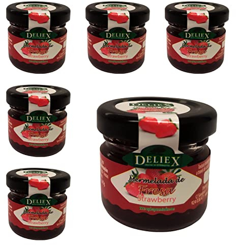 Deliex delicias de Extremadura. 60 Mermeladas pequeñas sabor fresa. Miniaturas de mermeladas en cristal 30 gr detalles a invitados en bodas, comuniones, bautizos (Fresa, 60 Tarros)