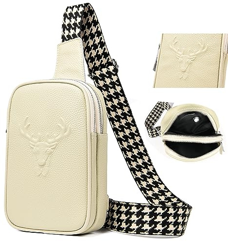 HUMEUHSU Brusttasche Damen Beige Handtasche Klein Umhängetasche Sling Bag Leder Bauch Rucksack Breiter Gurt Frauen Schultertaschen Süßes und stylisch Relief Design für Outdoorsport/Reisen