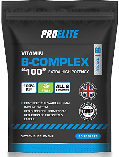 Vitamin B Complex - 60 High Strength Tablets - All 8 B Vitamins B1 - B2 - B3 - B5 - B6 - B12, Biotin, Folic Acid - Reduction of Tiredness & Fatigue PROELITE