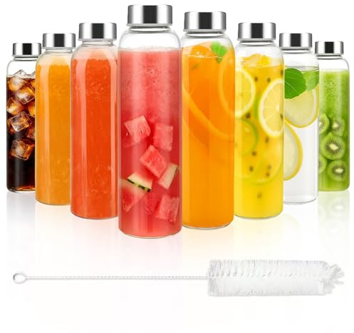 Eidoct 8 botellas de agua de vidrio con tapas, botellas de jugo de vidrio de 500 ml, botella reutilizable a prueba de fugas, botellas de vidrio transparente para jugo, tarro de salsa, bebidas