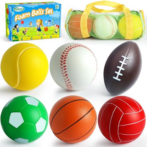 Billeeit Mini Sports Balls Set for Toddler, First Sports Bag for Kids 3+, Include 1 Each of 3.5 Foam Soccer, Tennis Ball, Basketball, Football, Baseball, Volleyball, Fun Baby Ball Toys, Set of 6